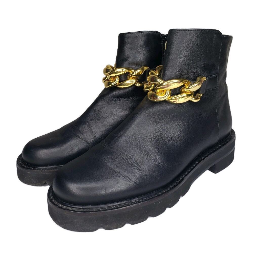 Stuart Weitzman Chain Lift Combat Black Leather Ankle Boots Size 5 US Spain Made